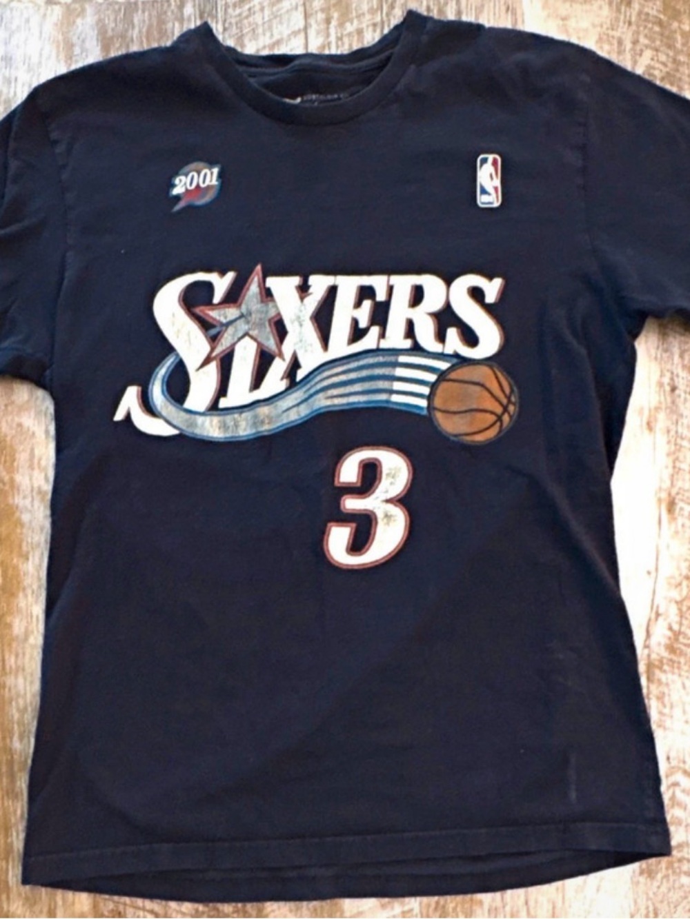 Mitchell & Ness Navy Sixers Logo Tee with Number 3